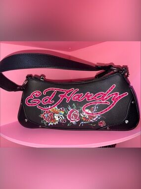 Ed Hardy Black Shoulder Bag with Pink Script and Floral Skull